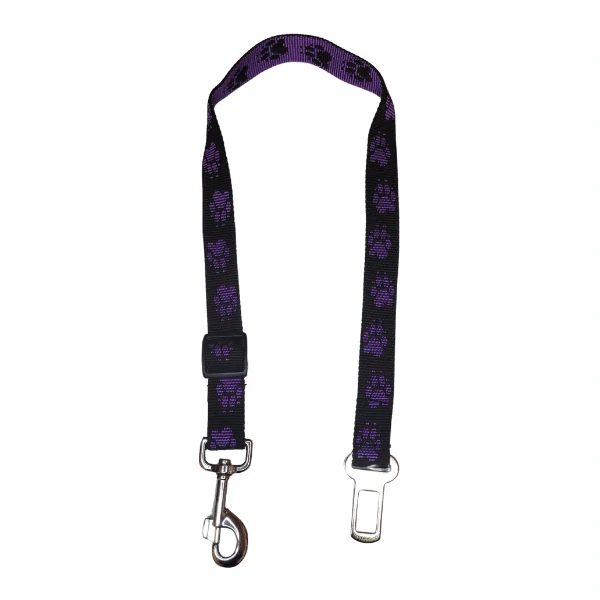 Palkar bezpečnostní pás do auta pro velké psy 65 cm x 25 mm černo-fialová s tlapkami