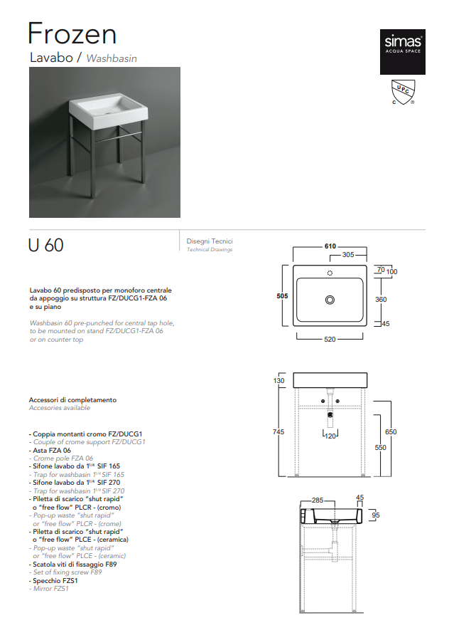 Simas Frozen U 60 – Umyvadlo na desku (610 × 505 × 95 mm)