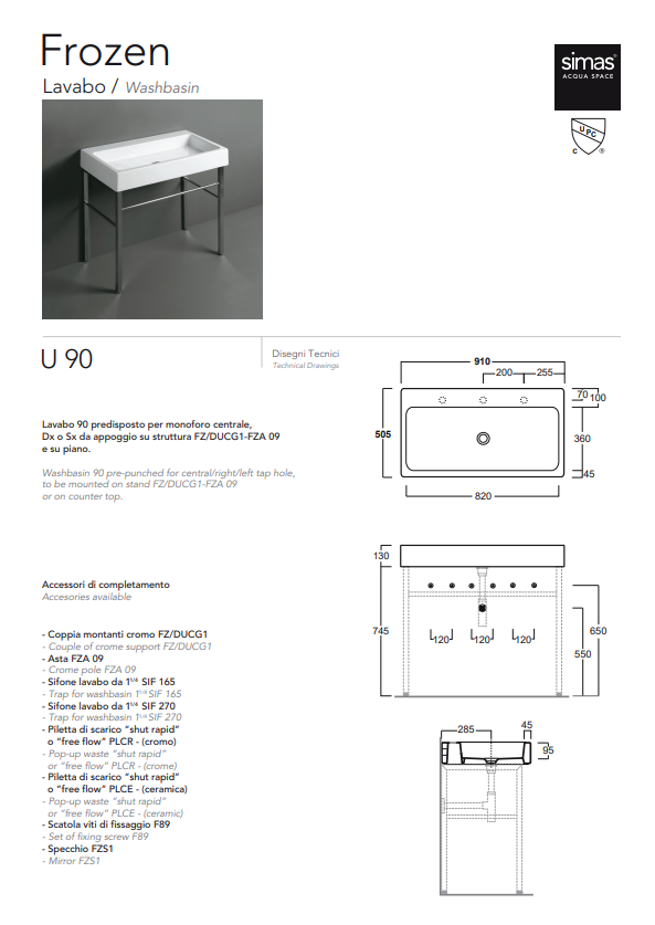 Simas Frozen U 90 – Umyvadlo na desku (910 × 505 × 95 mm)