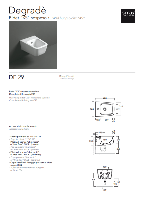 Simas DE29 DEGRADÉ – závěsné WC (460 × 365 × 235 mm)