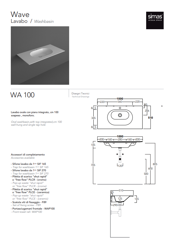 Simas WA 100 Wave – umyvadlo (1000 × 500 × 145 mm)