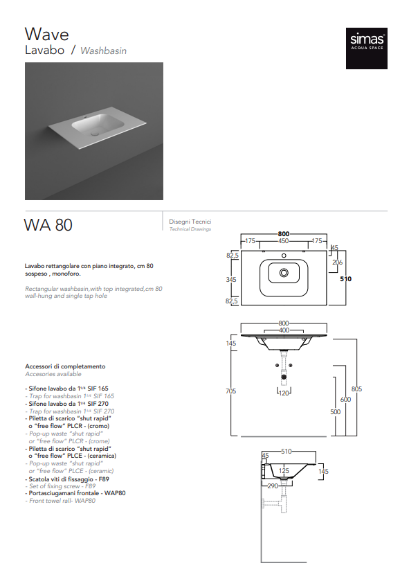 Simas WA 80 Wave – umyvadlo (800 × 500 × 145 mm)
