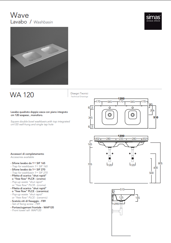Simas WA 120 Wave – umyvadlo (800 × 510 × 145 mm)