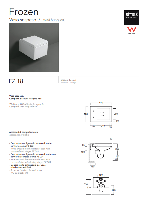 Simas WC Frozen FZ 18 – závěsné WC (510 × 380 × 250 mm)