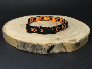 Palkar obojek z popruhu pro psy 25 cm x 10 mm černo-oranžová s tlapkami